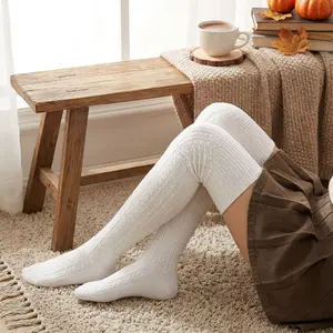 Women's Thigh High Socks - Cotton Cable Knit Over the Knee Boot Stockings Long Warm Leg Warmers for Winter Fashion Comfortable Stretchy Casual Wear Perfect with Boots Skirts and Dresses