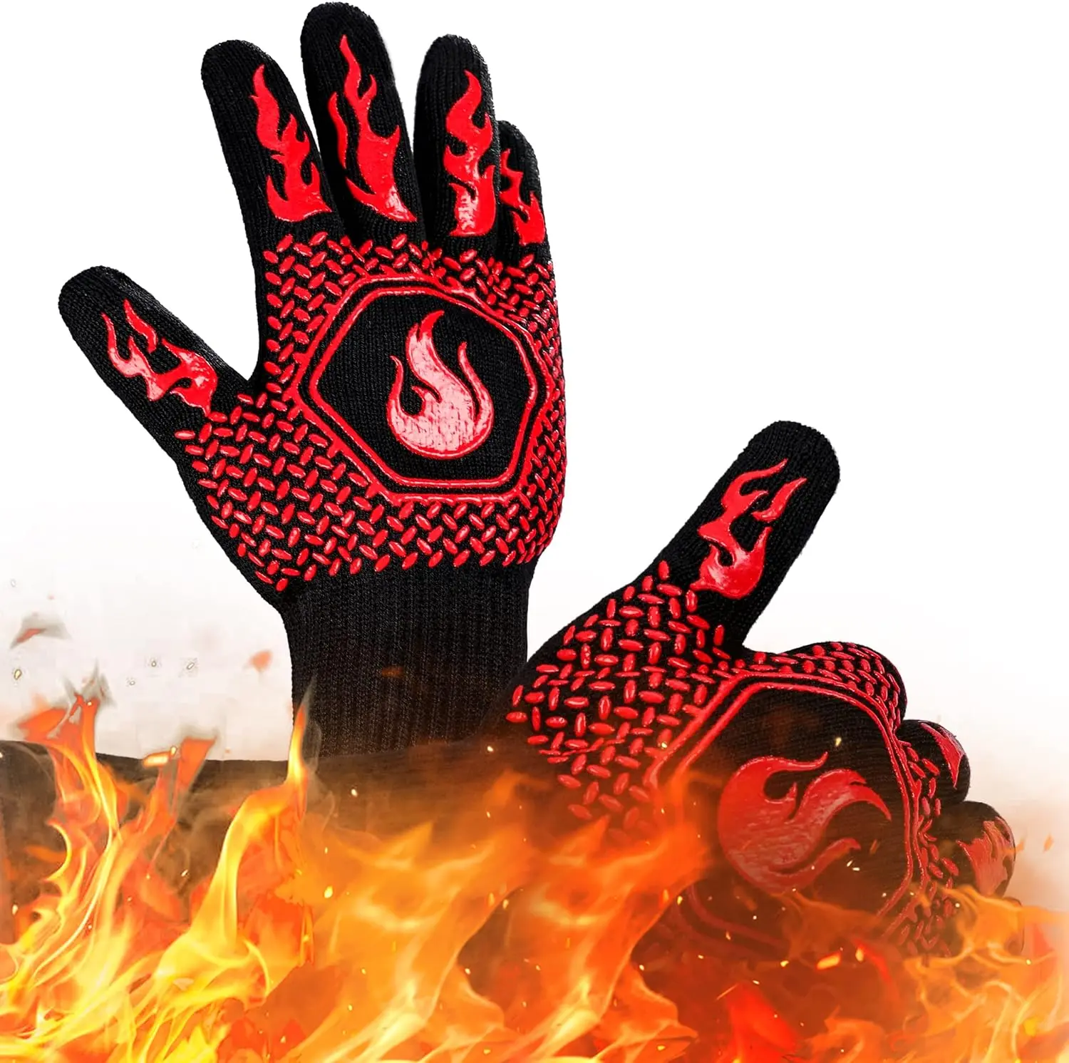 BBQ Fireproof Gloves, Grill Cut-Resistant 1472°F Heat Resistant Gloves, Non-Slip Silicone Oven Gloves, Kitchen Safe Cooking Gloves for Oven Mitts,Barbecue,Cooking, Frying