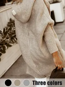 Women's Plain Chunky Open Front Hooded Knitted Cardigan Casual Batwing Sleeve Cardigan Outfits, Women Knitwear for Fall & Winter, Womenswear, Knitted Cardigan Tops, Knitwear Matching Clothes