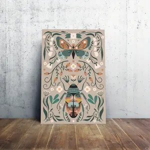 Modern Classic Wooden Framed Canvas Wall Art, Botanical Floral and Butterfly Print, Wrapped Canvas Painting for Girls Bedroom, Animal Nature Digital Art, Realism Mid-Century Bohemian Preppy Room Decor,Christmas Holiday Wall Hanging Decor,Large Canva,1 pcs
