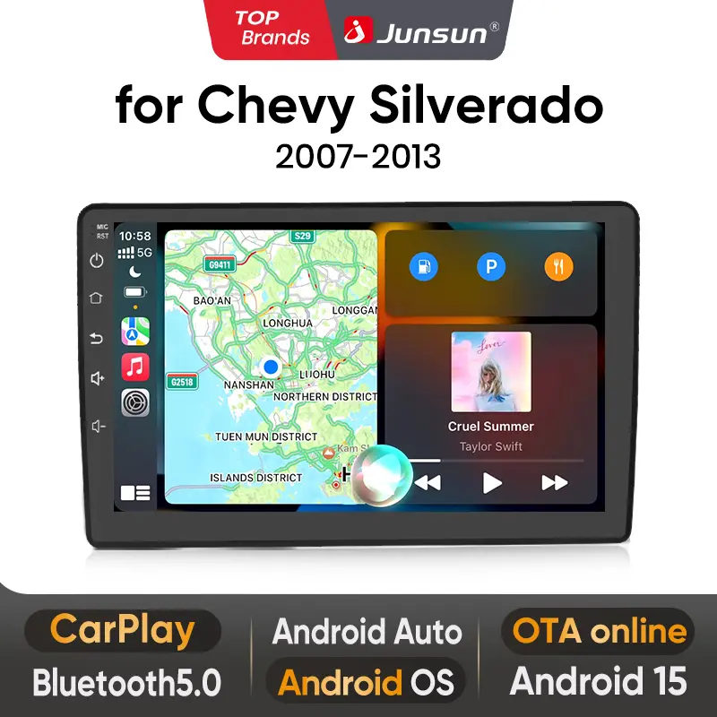 Junsun 10-in Touchscreen Head Unit for Chevy Silverado 2007-2013, Tahoe, Equinox, GMC Sierra, Yukon, Android GPS Navigation, Wireless CarPlay, Plug-and-Play Multimedia Video Player with Modern UI, 10 Touchscreen, Stereo Unit, Carplay Ips Touchscreen