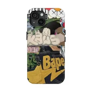 The KAWS x BAPE x College Dropout collaboration bear-patterned phone case is compatible with iPhone 17/16/15/14/13/12/11 Pro Max/Plus and Samsung Galaxy S23FE/22/23/24/25. A rugged, street-style, Y2K aesthetic protective case.