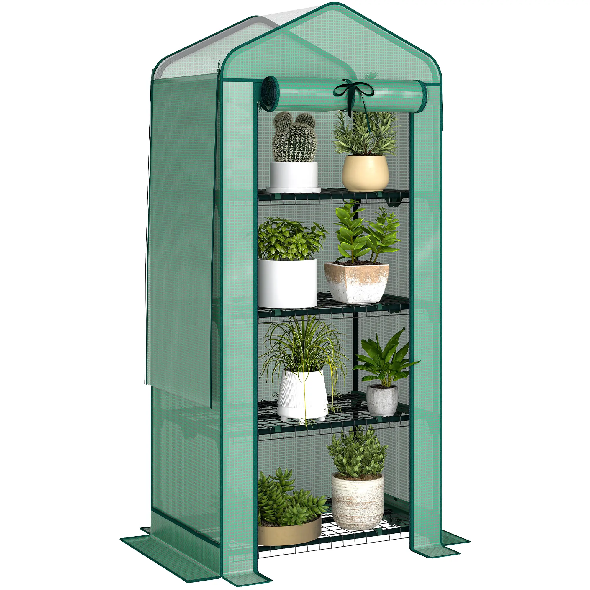 Outsunny 4-Tier Portable Mini Outdoor Plant Greenhouse, 27.6"x19.7"x62.2", High-Strength PE Cover, Screen Roof, Roll-Up Zipper Door for Garden Yard