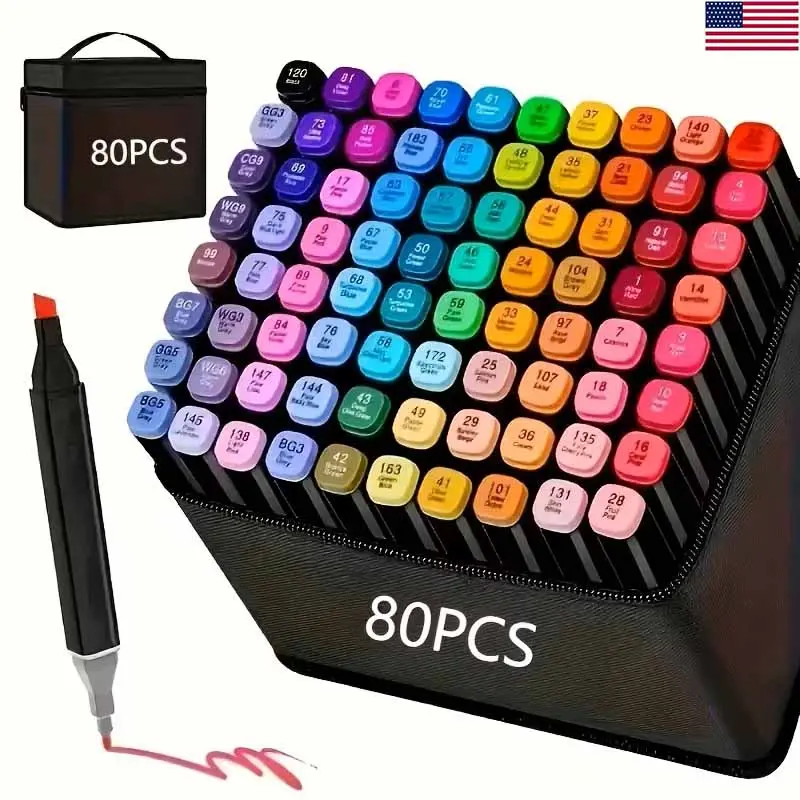 80-Color Artist Alcohol Markers, Dual-Ended Chisel & Fine Point Pens with Color-Coded Caps & Storage Case, Quick-Dry Blendable Ink for Student Art Creation & DIY Crafting