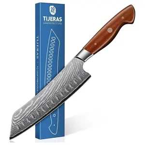 TIJERAS Japanese Chef Knife, Damascus Santoku Kitchen Knife, 7 inch Damascus 67-Layer Steel Professional Chefs Knives with Wood Ergonomic Handle, Birthday Gifts for Men Women