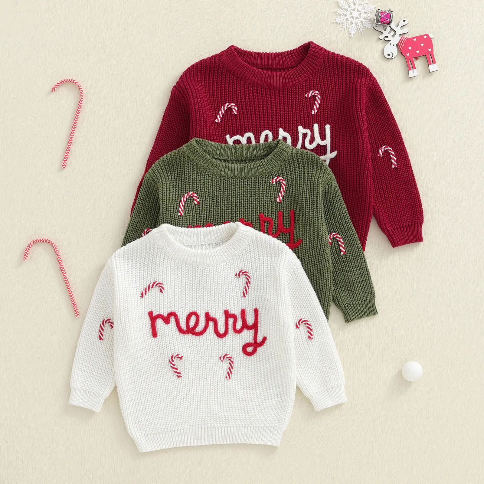 Toddler Baby Boy Girl Christmas Sweaters Long Sleeve Cany Cane Letter Embroidery Tops Fall Winter Sweatshirts 0-5 Years