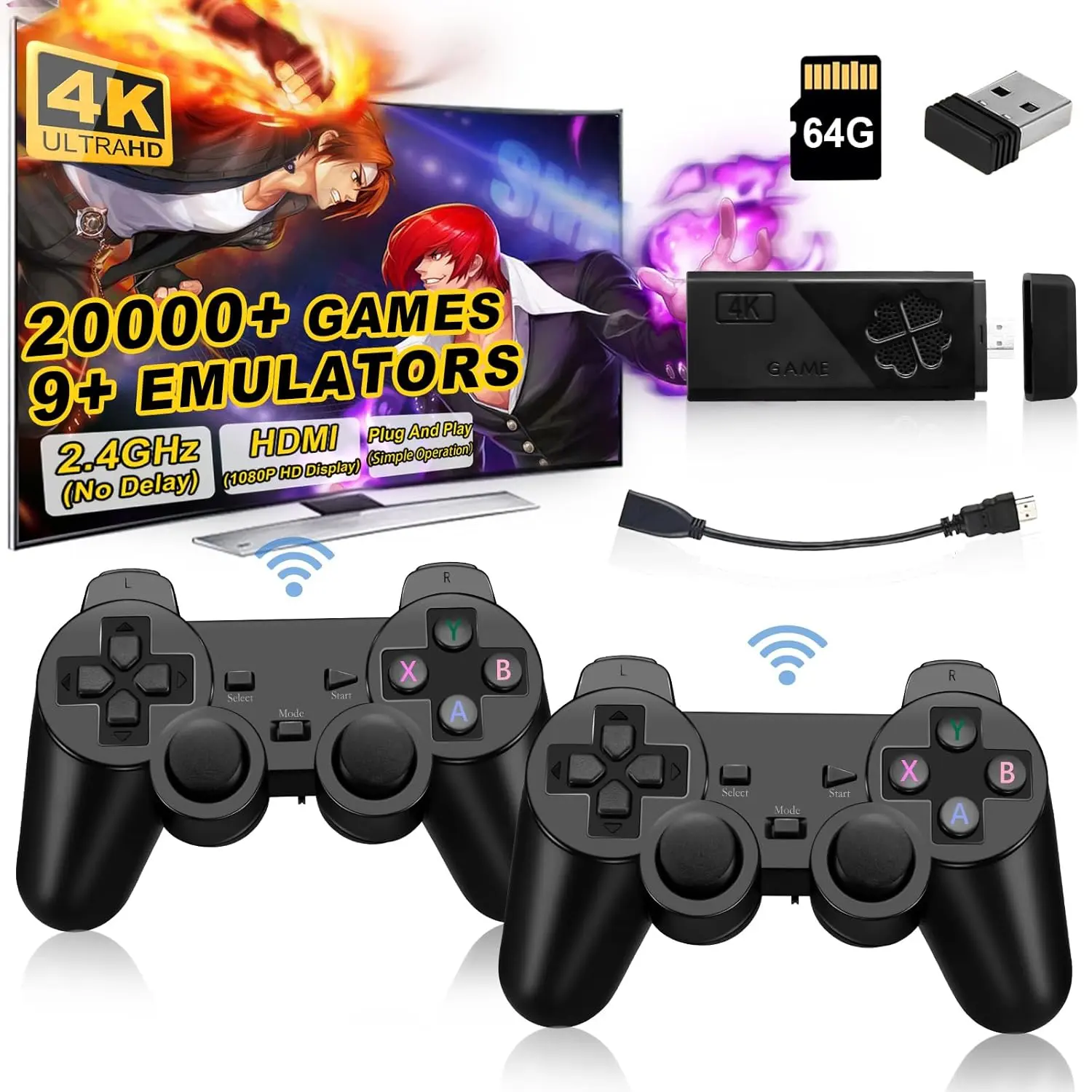 Wireless Retro Game Console Stick, Upgrade Retro Video Gaming Stick Built in 20000+ Games with 9 Emulators,4K HDMI Output with 2 Pack 2.4G Wireless Controllers,Game Emulator Console 2024(64GB) Black