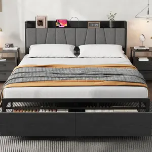 【Christmas Gift】Queen Black Upholstered Platform Bed Frame with Tall Headboard Built in Charging Station Sturdy Metal Slats Spacious Storage Drawers on Wheels Easy Assembly