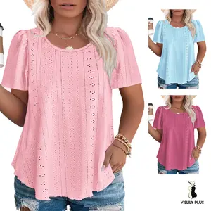 Plus Size Summer Eyelet Puff Sleeve Tops Cute Short Sleeve Shirts Dressy Crewneck Puff Sleeve Lightweight curved hem Womenswear Tshirt RPS2145 XL-5XL