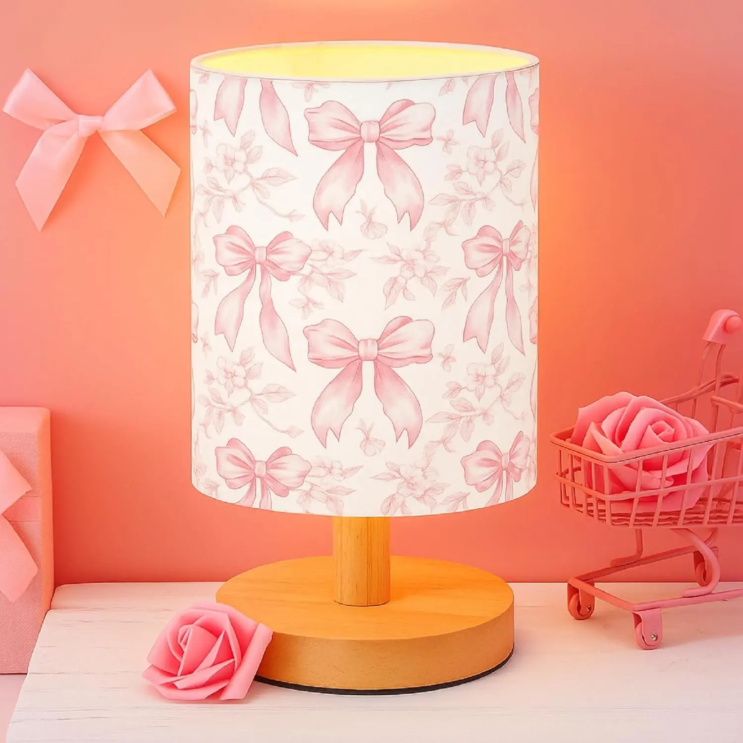 Floral Bow  Table Lamp for Bedroom  Bedside Lamp with Linen Wooden Nightstand Cartoon  Lampshade for Girls Boys Living Room