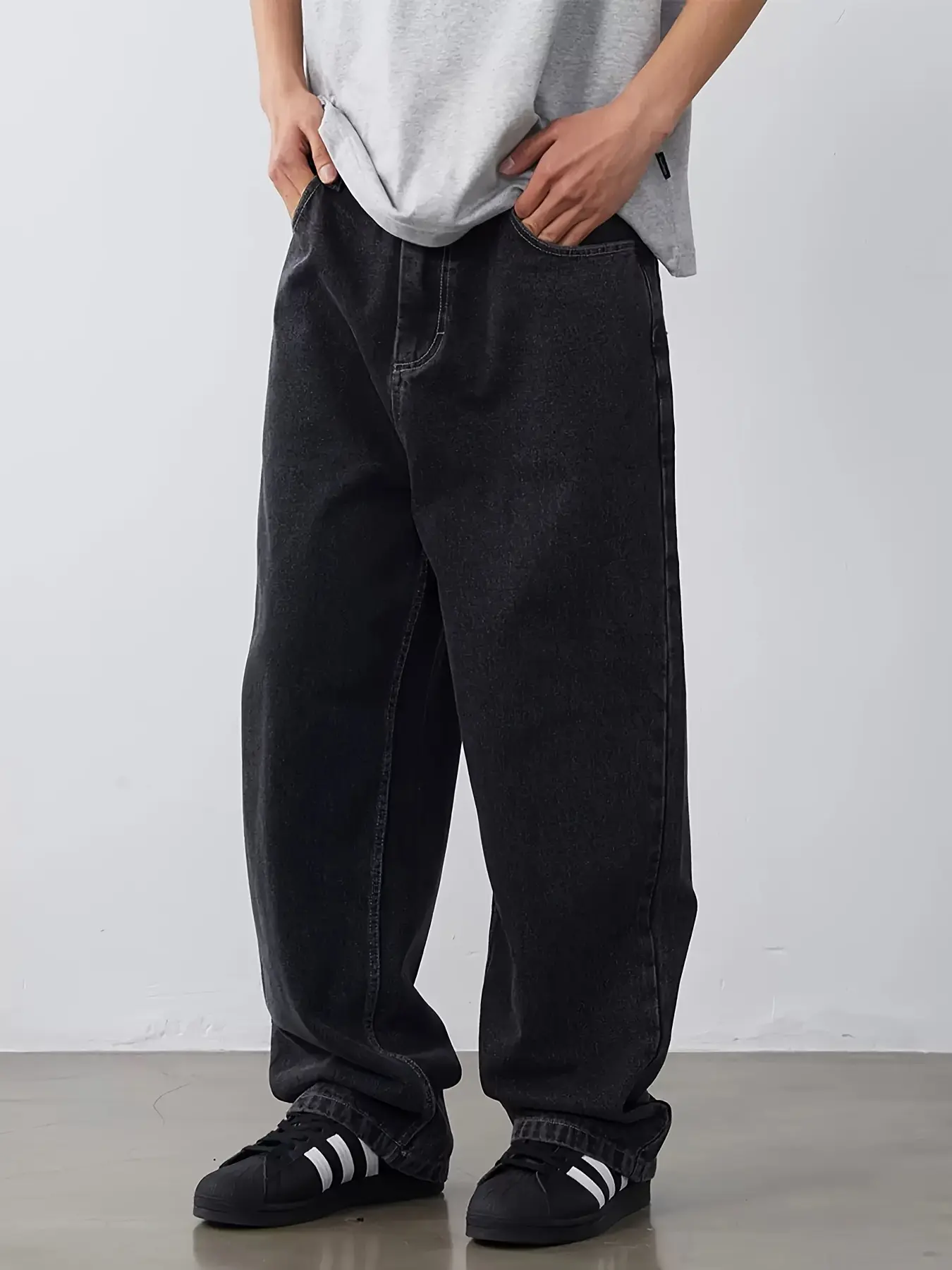 Men's Slouchy Cotton-Polyester-Viscose Straight-Leg Long Jeans - Plain Clothes, Loose Fit, Smooth Fabric, Casual Daily Wear