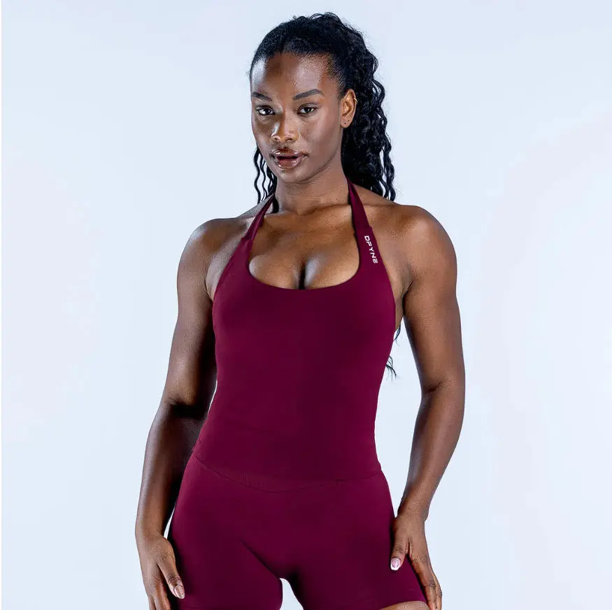 DFYNE Women's Seamless Backless Halter Sleeveless Shirt, Nylon Blend Stretch Figure-Hugging Longline Training Wear, Sport Ready Activewear Top for Matching Activewear Set Workouts, Workout Tank, Athletic Activewear