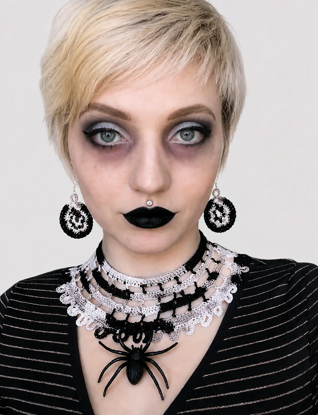 Halloween Spider Crochet Choker & Earrings Set – Handmade Gothic Lace Jewelry with Removable Spider Charm