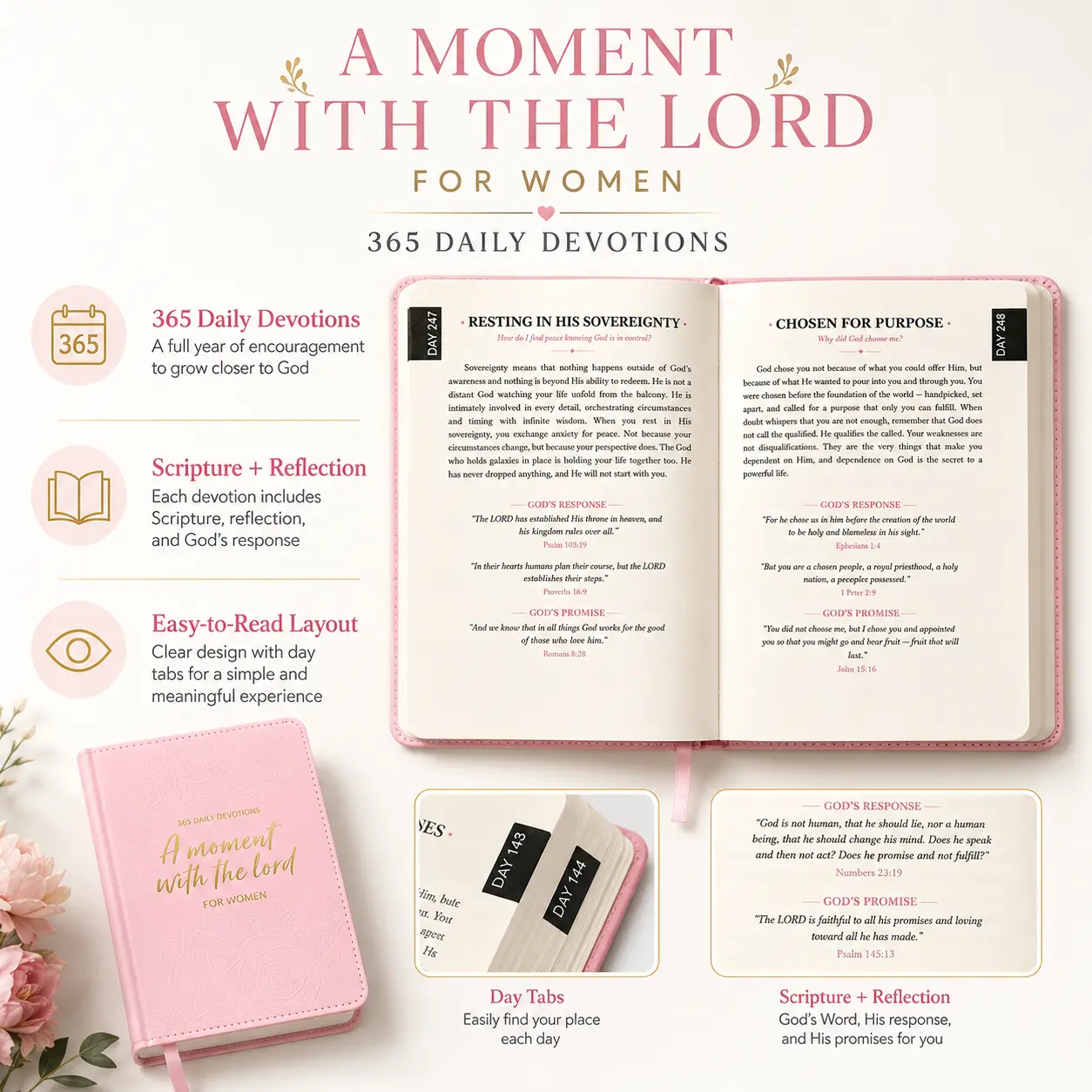 365 Days Women’s Devotion Book, One Minute With God Portable Daily Scripture Reflection Journal, Soft Gold Foil Cover Religious Self Care Gift for Christian Ladies