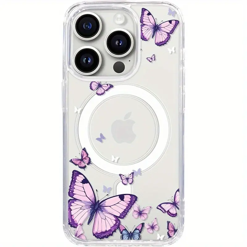 Purple Butterflies Transparent Magnetic TPU Smartphone Case - Flexible Shell, Slim Profile, Thin Frame, Lightweight Protective Casing, Transparent View for iPhone 17/16/15/14/13/12/11 Pro Max, Ideal Christmas Gift for Women, Devices, Protection