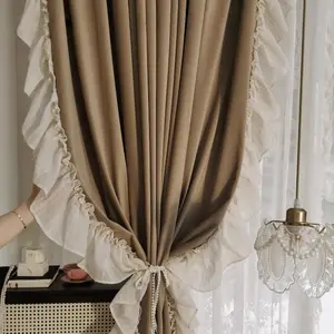 Vintage French Style Woven Linen Curtains, Ruffled Plush Edge, Thick Mashed Fabric, Perfect for Living Room Bedroom Balcony, Window Curtain