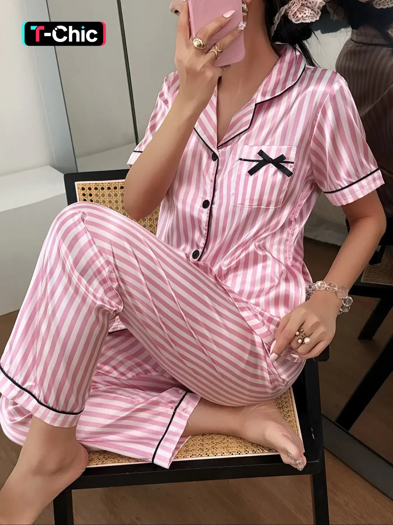 Women's Striped Embroidered Button-Front Collared Shirt with Pockets & Elastic-Waist Pants Set, Womenswear, Embroidery Outfit, Casual Fitted Short-Sleeve Top, Soft Fabric, Suitable for All Seasons, Striped Sets
