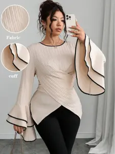 Women's Plus Size Elegant Casual Patchwork Back Tie Double Layer Bell Sleeve Fitted Top, Stylish Long Sleeve Blouse for Lady Daily Wear