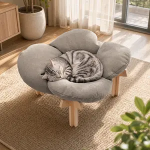 Elevated Flower Cat Bed, Wooden with Cushion, Removable Soft Cushion for Indoor Outdoor, Cat & Puppy Bed Up to 40lbs