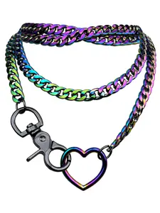Women's Slip Chain Rainbow Heart O-Ring Chunky Chain Necklace, Rays Cuban Long Layered Jewelry, Adjustable Lariat Y-Necklace Heart Loop Choker