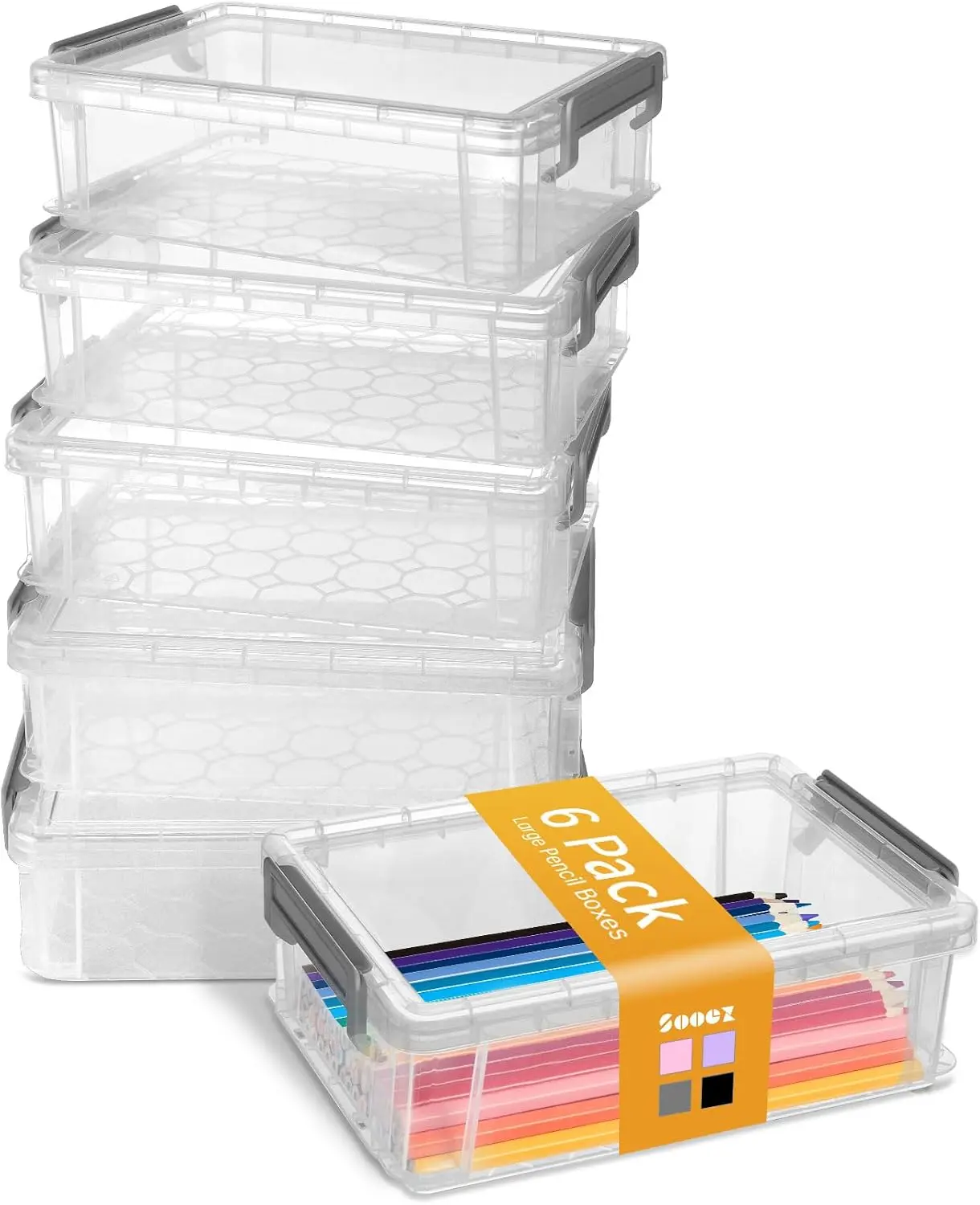 Sooez 6 Pack Extra Large Pencil Box, Plastic Pencil Case Crayon Box | Clear Marker Organizer Plastic Containers with Lid, Stackable Storage Boxes for Art Craft,Back to School Supplies, Grey