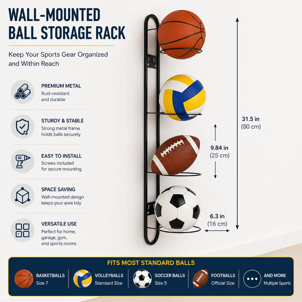 Upgrade Wall-Mounted Ball Rack, Metal Storage Shelf for Basketball, Soccer, Volleyball, Space-Saving for Garage, Home Gym