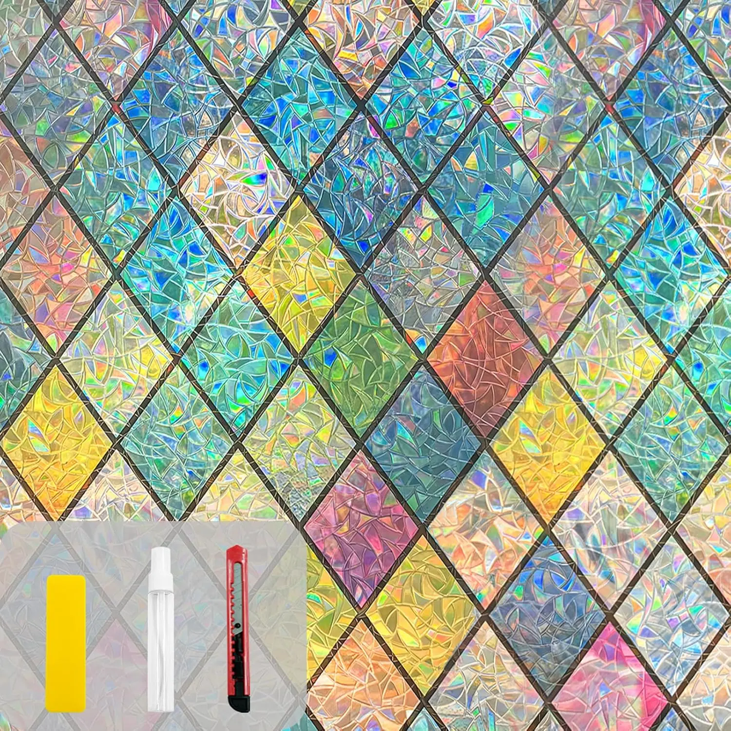 Rainbow Privacy Window Film Stained Glass Window Film That Adhesive-Free, Residue-Free, Reusable, and Easy to Install with Tools. (Rainbow, 17.5 X 78.7)