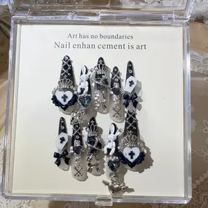 TRUTH AMOR Viral Japanese Dark Y2K Press-On Nails|Bunny Cross Crown|Statement Rhinestone|Removable Handmade Nails|Date Party Y2K Retro Edgy Nails|Glittering Fake Nails