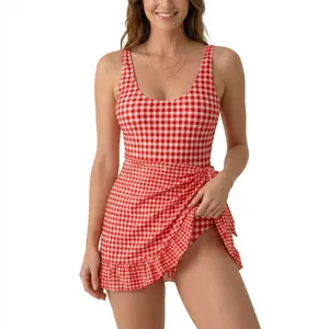 Red Gingham Tankini Swimsuit for Women with Detachable Wrap Skirt, Tummy Control One Piece Bathing Suit, Cute Summer Outfits & Vacation Outfits