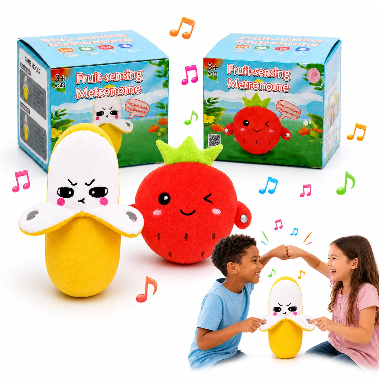 Musical Plush Toy, USB-Rechargeable Touch-Activated Two-Player Rhythm Game, Soft Cuddly Banana or Strawberry Stuffed Animal Gift for Kids Ages 3+ Electronic Interactive Stuffed Soft Adorable Stuffed