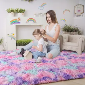 Fluffy Modern Area Rugs for Living Room Bedroom, Plush High Pile Rainbow Rug for Kids Girls Room Nursery Home Decor, Upgrade Non-Slip Girls Bedroom Soft Indoor Rug, Rainbow shaggy  rug