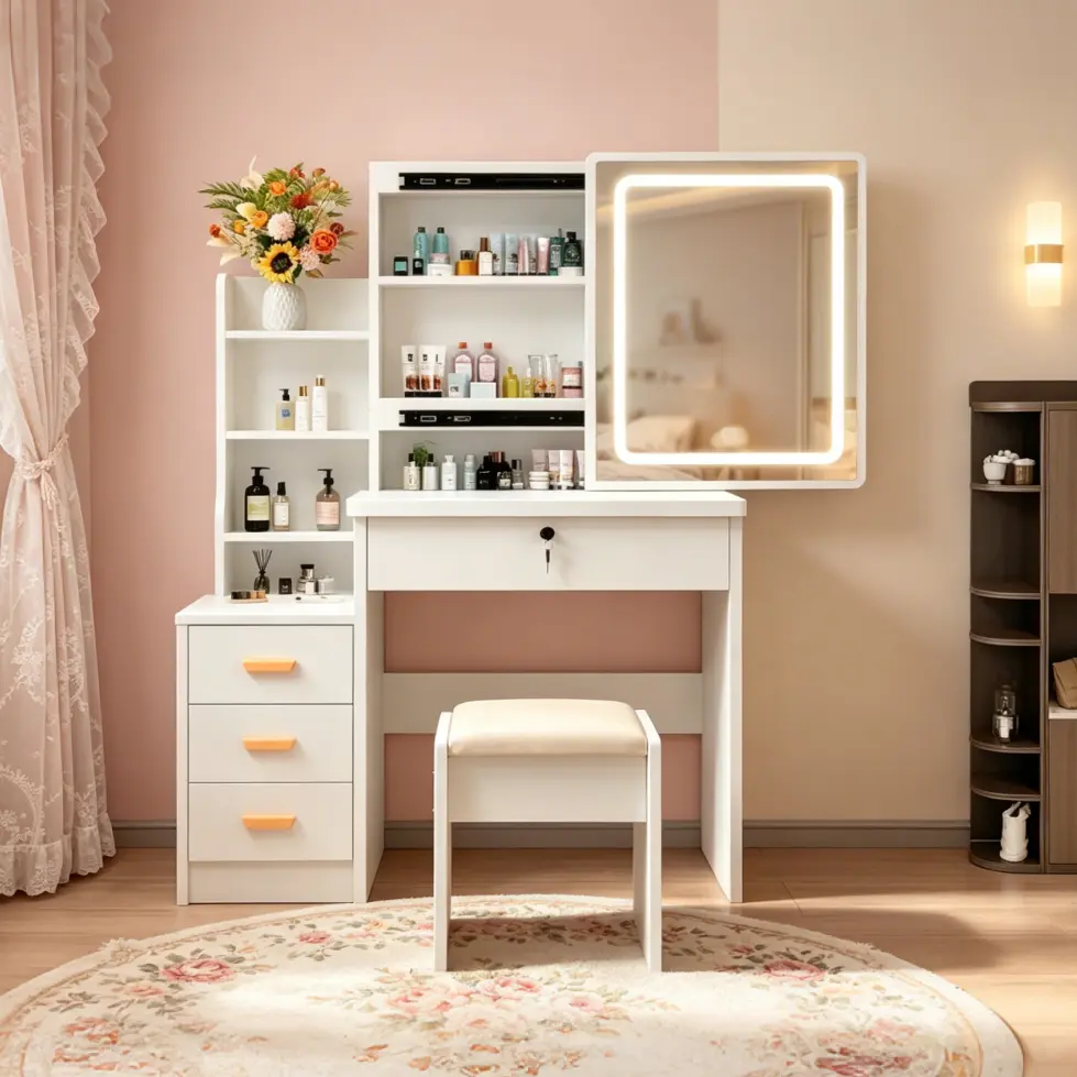 Women's White LED Makeup Vanity Desk with Mirror, Power Outlet, 3-Layer Jewelry Box, 4 Drawers, Open Shelves, 3 Color Modes - Adjustable Brightness Bedroom top glass
