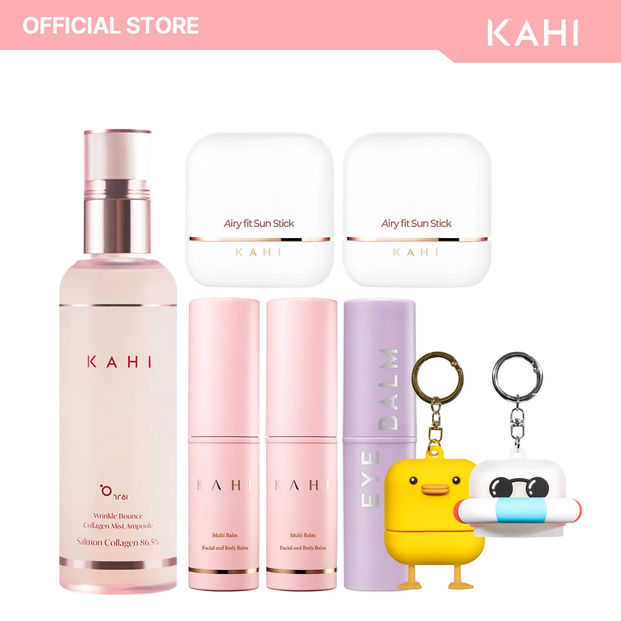 KAHI Bundle Full Set + Keyring - Wrinkle Bounce Multi Balm Stick + Airy Fit Sun Stick SPF 50 + Airy Sun Stick Keyring (Duck and Tube) + Fine Line Bounce Collagen Serum Facial Mist Ampoule + Eye Balm Multi Eye Brightener Stick & Moisture & Glow Balm