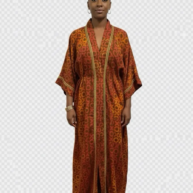 Women's Handmade Silk Kimono Robe - Handmade Artistry, All Seasons Nightwear, Ethnic Vintage Indian Paisley Pattern, Maroon-Orange with Gold Trim, Free Size 1-Piece Loungewear Bathrobe