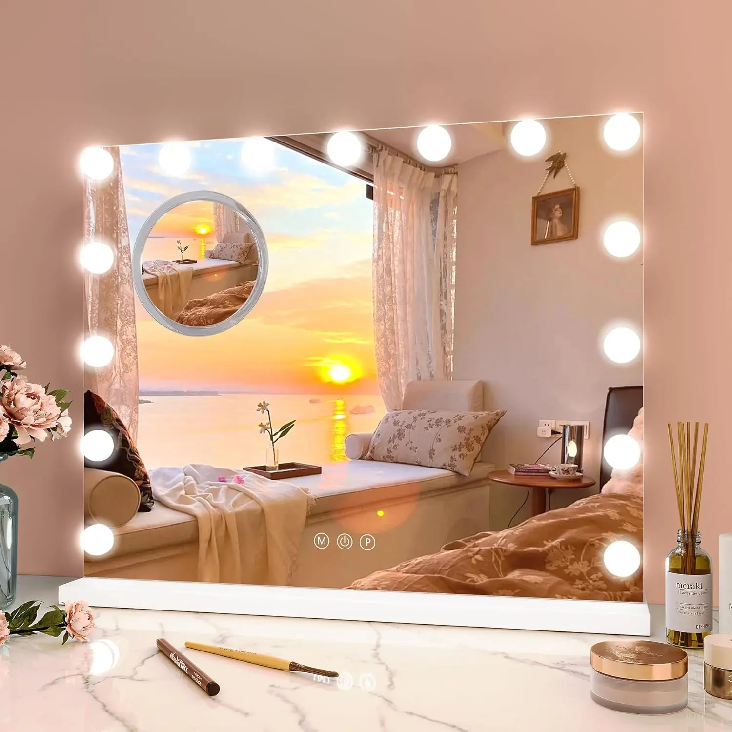 Cisco Elegant Decor Adjustable LED Mirror, 23"x18" Illuminated 15-Bulb Dimmable Mirror with 3 Color Modes, Touch Control, Charging Station, Metal Tabletop/Hanging Installation for Bedroom, Charging Station Mirror