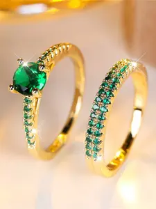 Female Crystal Green Zirconia Stone Round Engagement Ring Set Luxury Yellow Gold Color Wedding Jewelry For Women Solitaire Engagement Rings