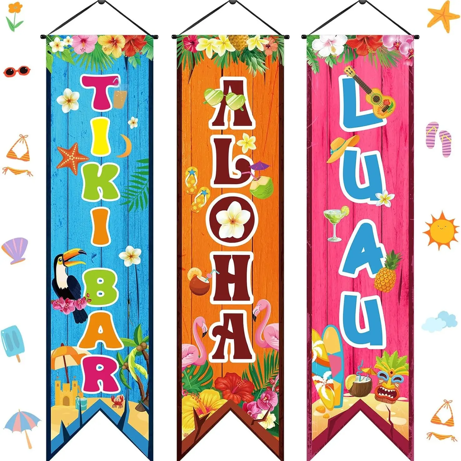 Hawaiian Banner Set, 3-Piece Aloha Luau Porch Sign & Tiki Bar Flags, Outdoor Banners, Party Decorations Banners, Perfect for Graduation Celebrations, Festive Seasonal Décor, Party Decoration, Party Decoration Supplies