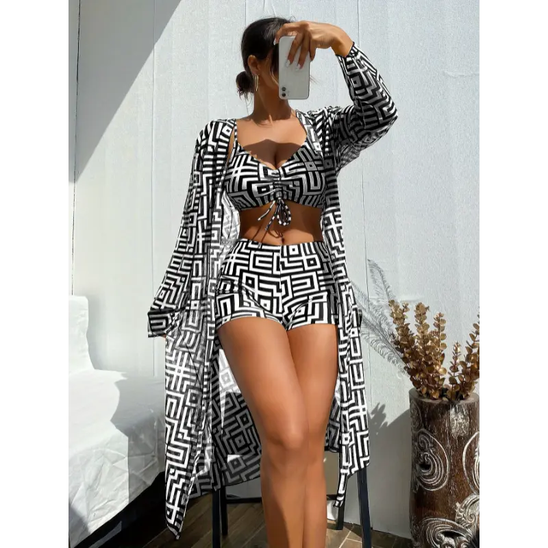 Ladies' Elegant Geometric Pattern Bikini Set, Off Shoulder High Waistband Cover Up Fashionable Three Piece Bikini Set