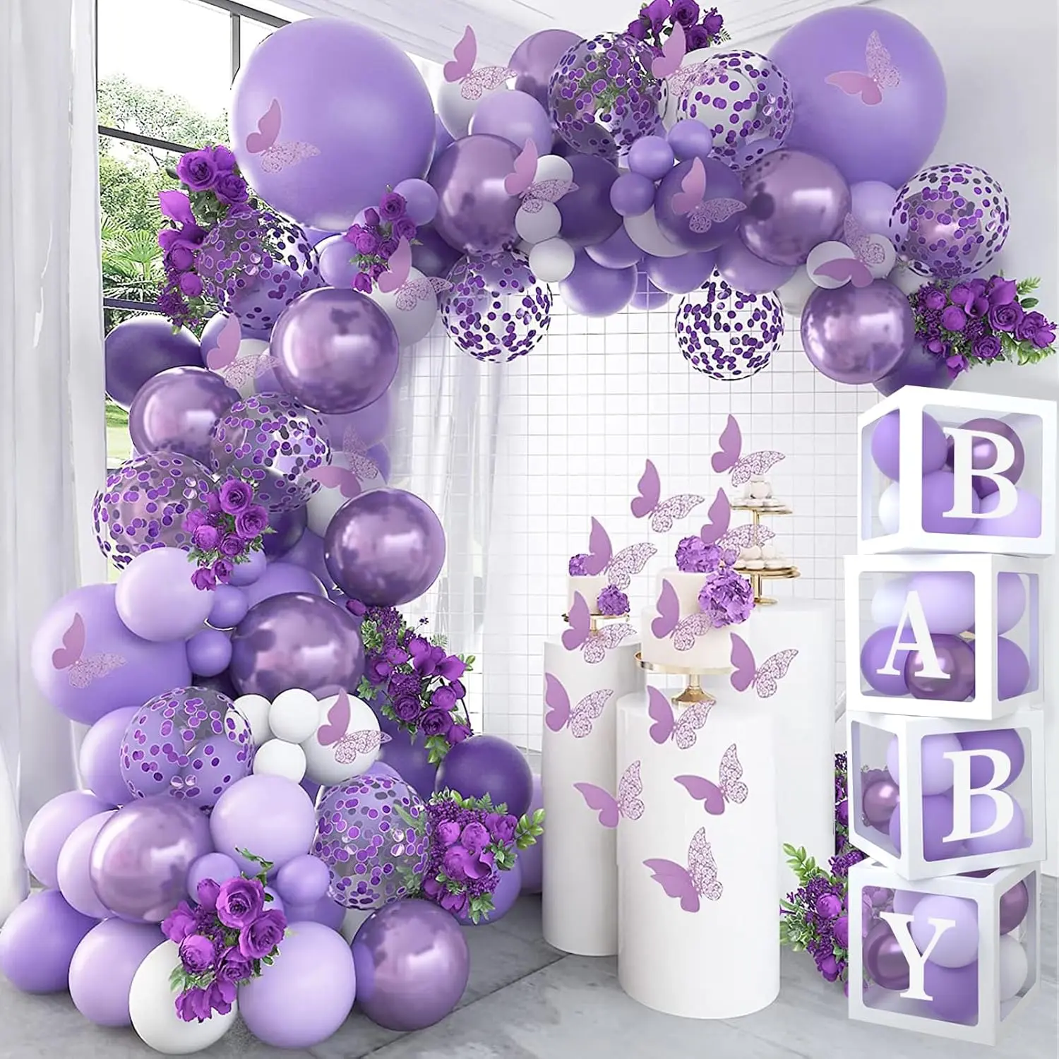 124PCS Purple Butterfly Themed Baby Shower Decorations Kit - Natural Latex Balloon Garland Arch, Balloon Letter Kit, Elastic Band, Print, Glass, Wooden Square Butterfly Boxes, Lavender Festive Supplies for Birthday, Christmas