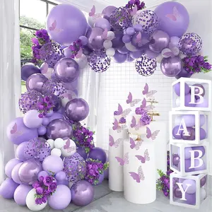 124PCS Purple Butterfly Baby Shower Decorations - Purple Balloon Garland Arch Kit, Butterfly Baby Shower Boxes and Gender Reveal Birthday Lavender Party Decorations
