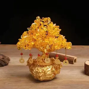 Crystal Bonsai Citrine Tree Money Tree Feng Shui Decorative Dragon Pot (Gold Color)