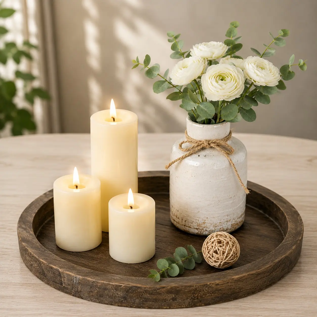 Wood Candle Tray, Round Decorative Candle Plate Holder, Rustic Farmhouse Wooden Tray for Pillar Candles, Tealight Candles, Coffee Table Centerpiece & Home Decor, Distressed Finish