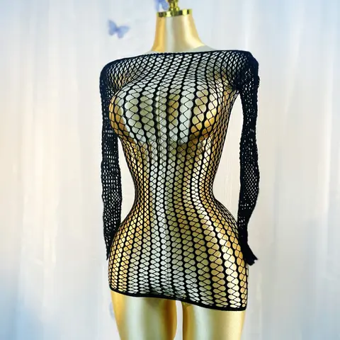Women's Sexy Cut Out Sheer Fishnet Dress without Bikini, Solid Long Sleeve Bodycon Dress, Ladies Summer Beach Holiday Vacation Swimwear, Mesh Cover Up Sheer Cover Ups