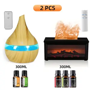 2 PCS 300ML Light Wood Grain Diffuser & 300ML Fireplace Design Diffuser, 7 Lights, 5 Oils, 1 Remote - The Complete 300ml Humidifier & Aroma Duo