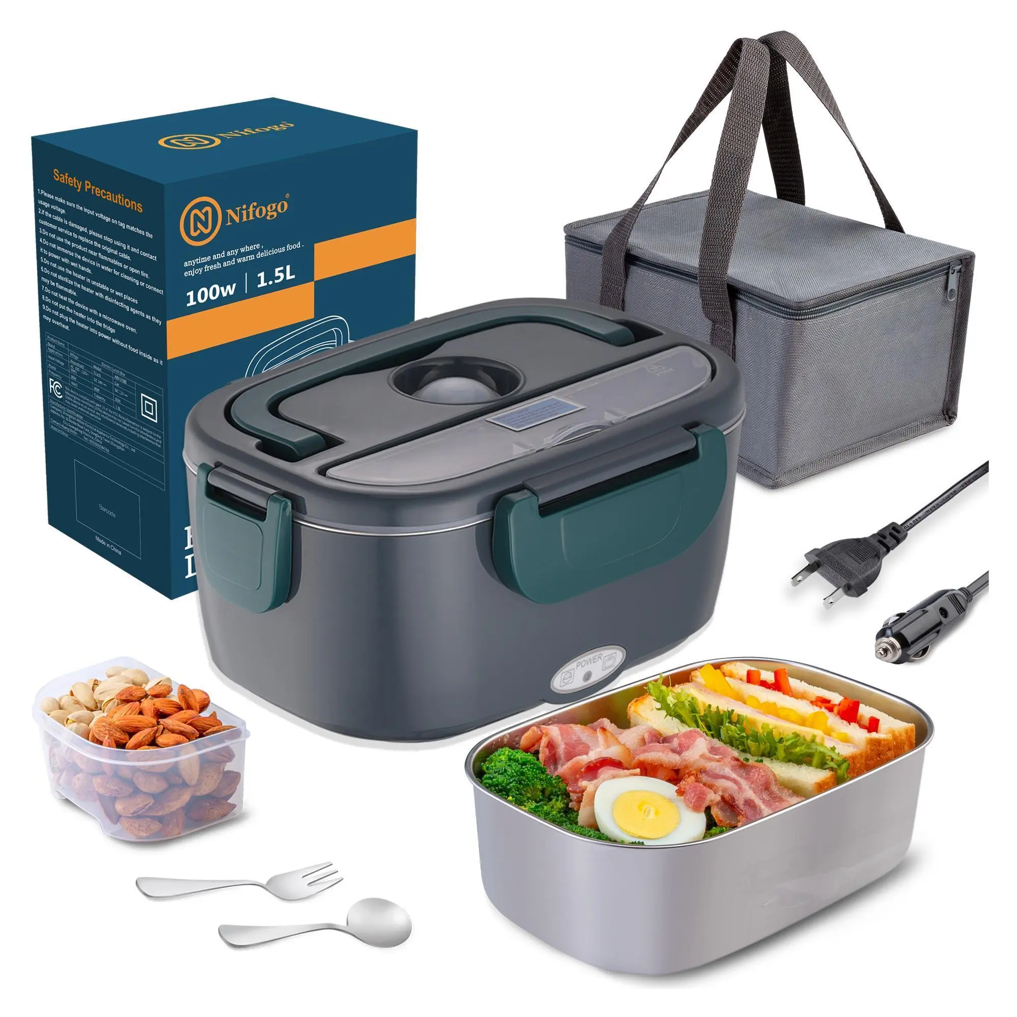 Square Electric Lunch Box Nifogo 80W 1.8L Stainless Steel Portable Heated Food Container Display Screen 12V 24V 110V Car Truck Black