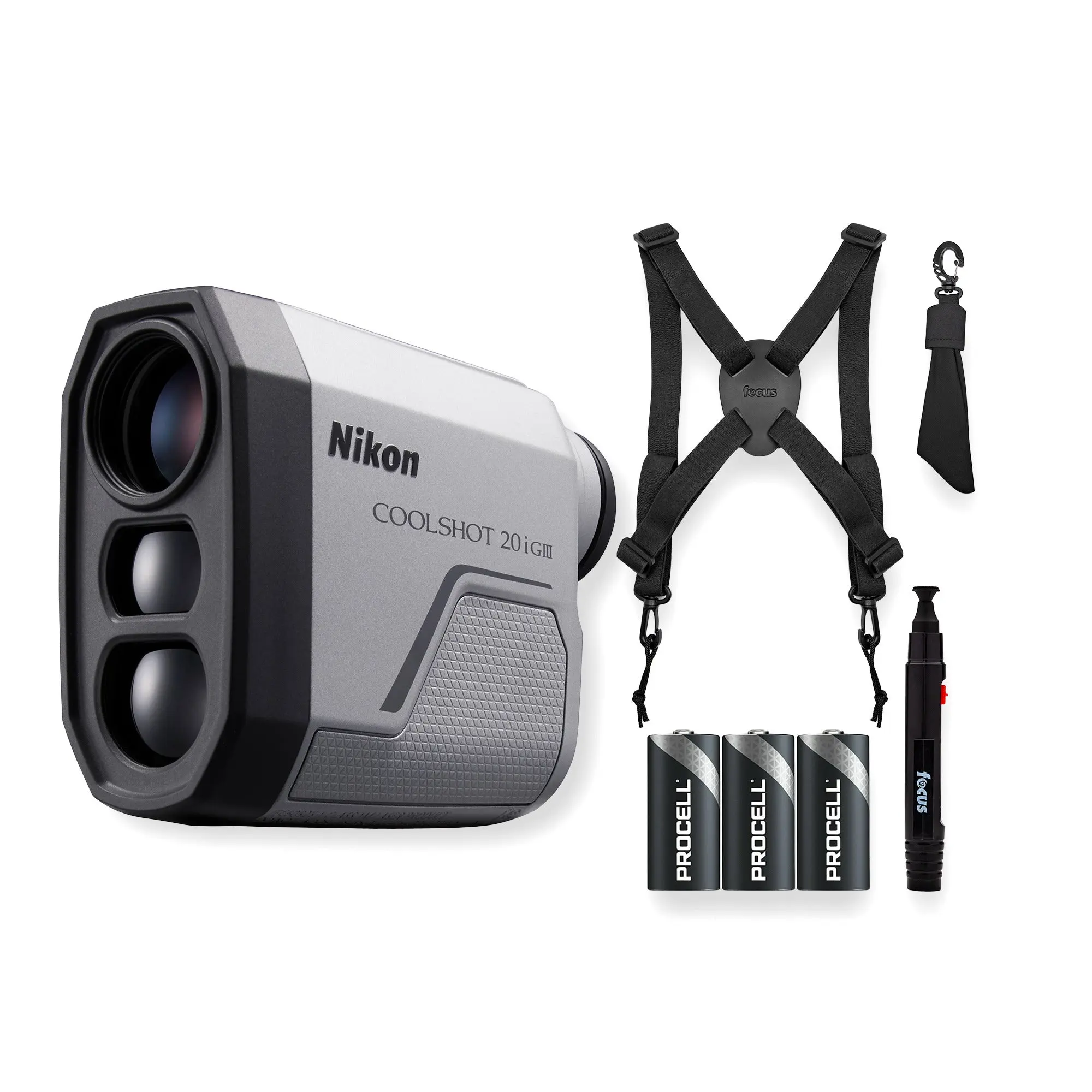 Nikon COOLSHOT 20i GIII Lightweight Electronic Golf Rangefinder for Adults with Double-Shoulder Leather Harness, 4-Way Adjustable Straps & Accessories, Electronic Range Finders, 4-Way Adjustable Elastic Straps, Double-Shoulder Strap