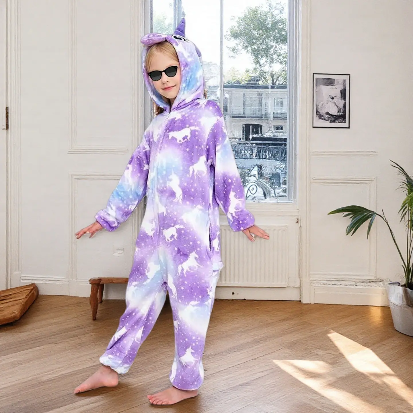 Kids' Unicorn Hooded Soft Fleece Onesie Sleepwear Pajamas, Graphic Long Sleeves Animal Costume with Pockets, Machine Wash Multi-Size Cozy Loungewear for 4-6 Years Boys & Girls