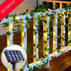 50/100LED Green Fairy Lights with Solar-Powered Artificial Ivy Leaves Featuring 8 Modes for Garden Wedding Christmas Decoration