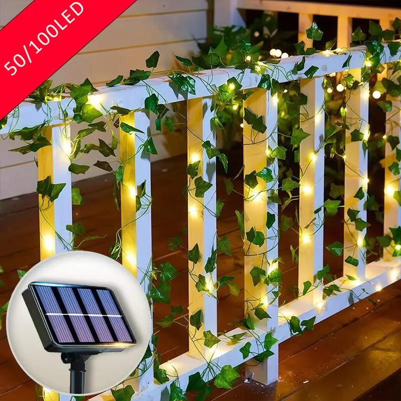 50/100LED Green Fairy Lights with Solar-Powered Artificial Ivy Leaves Featuring 8 Modes for Garden Wedding Christmas Outdoor Party Decorations