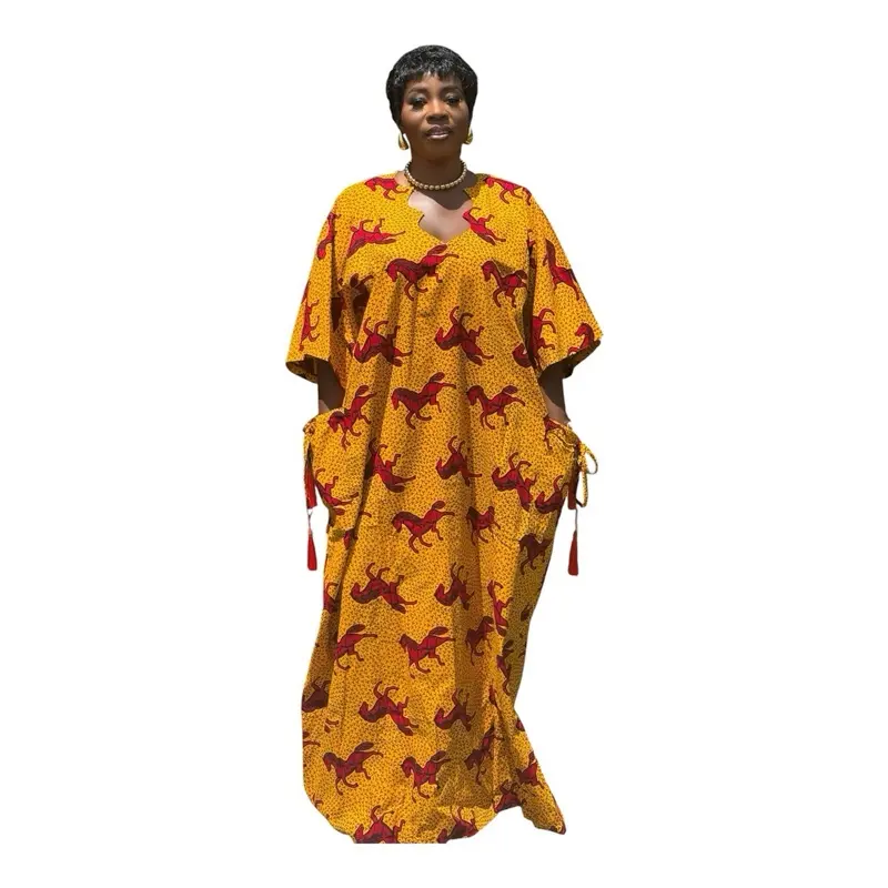 Lady's Women's Clothes Casual Adunni Boubou Zari Cotton Ankara Dress, Free Hat, Free Size, Bold Stripes, Blue Tassel Accents